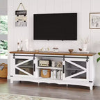 Mobile TV in stile Modern Farmhouse, adatto a TV da 75 pollici – Centro d'intrattenimento bianco da 65 pollici con ante scorrevoli a granaio, vani contenitore e ripiani regolabili.