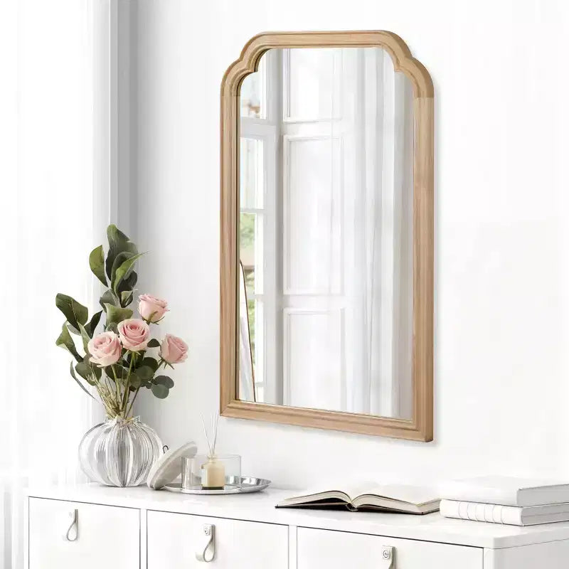 20 x 30 Solid Wood Frame Rounded Corner Decorative Mirror for Bedroom Bathroom Living Room Natural Wood