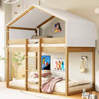 Rustic Twin Over Twin Wood Bunk Bed Frame with Tent and Ladder