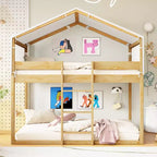 Rustic Twin Over Twin Wood Bunk Bed Frame with Tent and Ladder