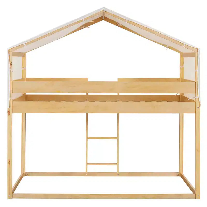 Rustic Twin Over Twin Wood Bunk Bed Frame with Tent and Ladder