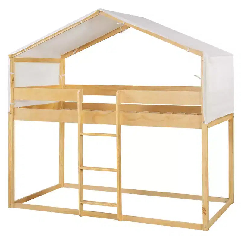 Rustic Twin Over Twin Wood Bunk Bed Frame with Tent and Ladder