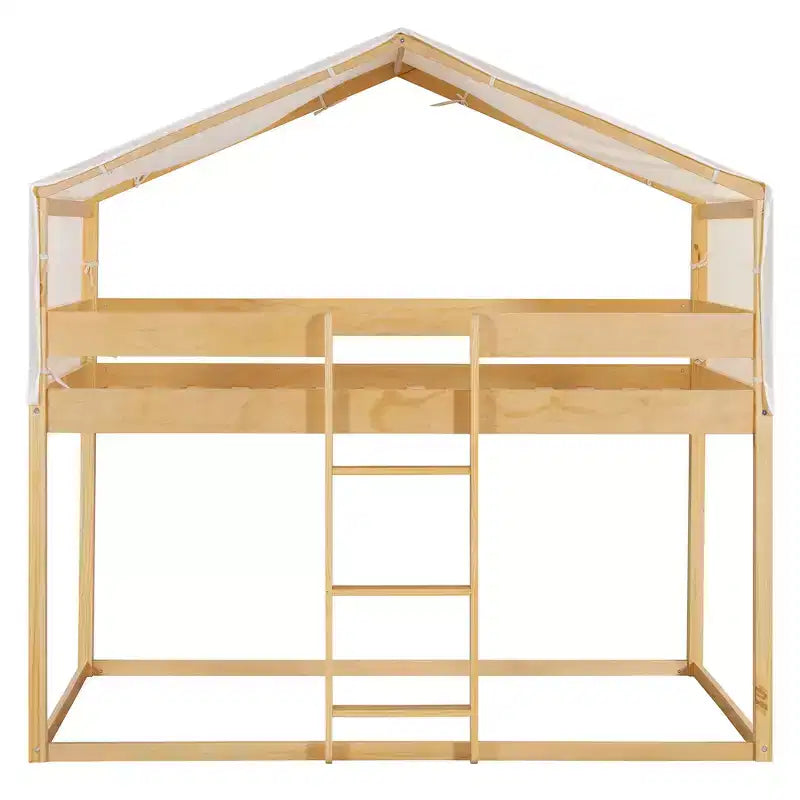 Rustic Twin Over Twin Wood Bunk Bed Frame with Tent and Ladder