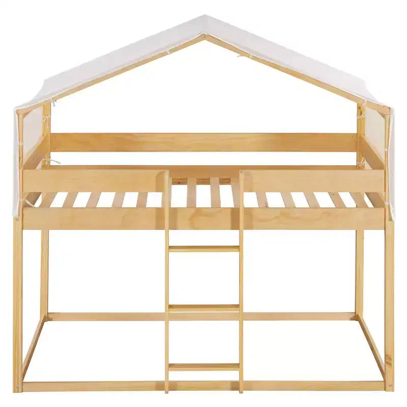Rustic Twin Over Twin Wood Bunk Bed Frame with Tent and Ladder