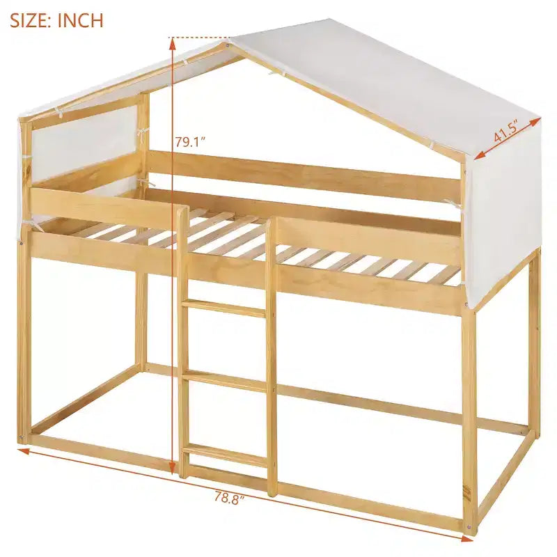 Rustic Twin Over Twin Wood Bunk Bed Frame with Tent and Ladder