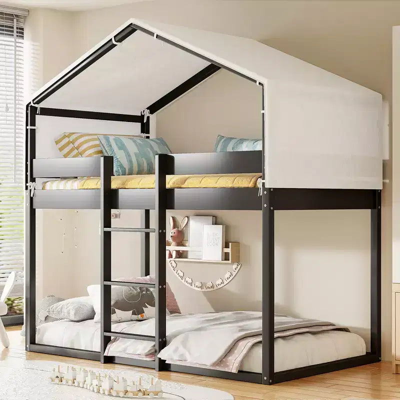 Rustic Twin Over Twin Wood Bunk Bed Frame with Tent and Ladder