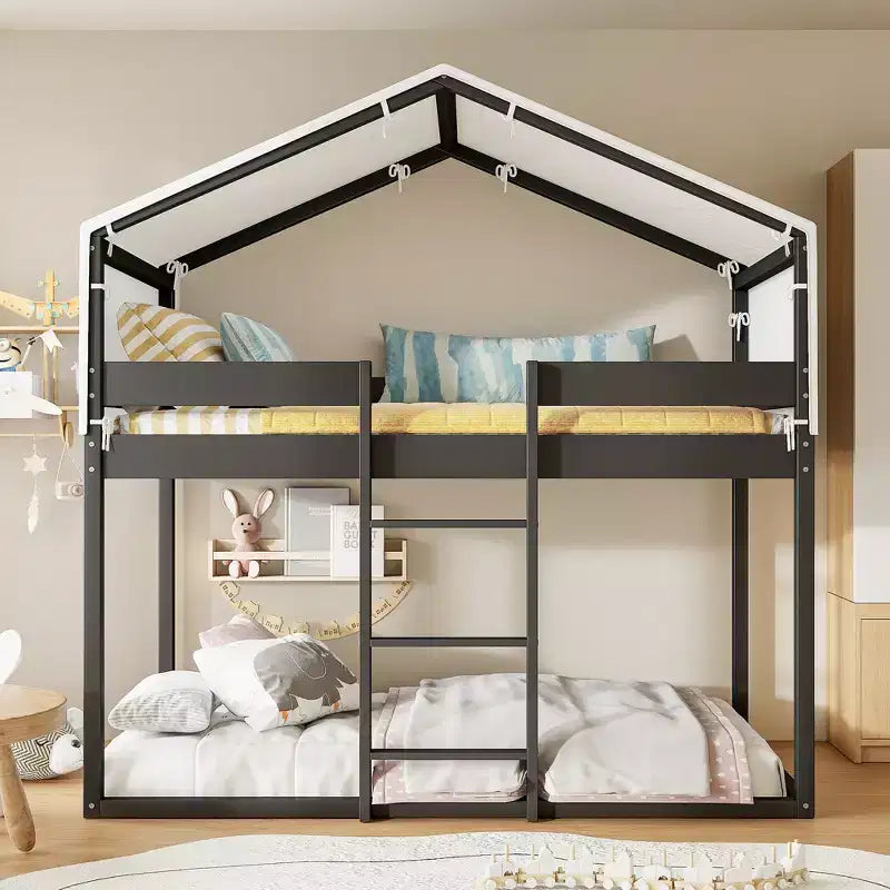 Rustic Twin Over Twin Wood Bunk Bed Frame with Tent and Ladder
