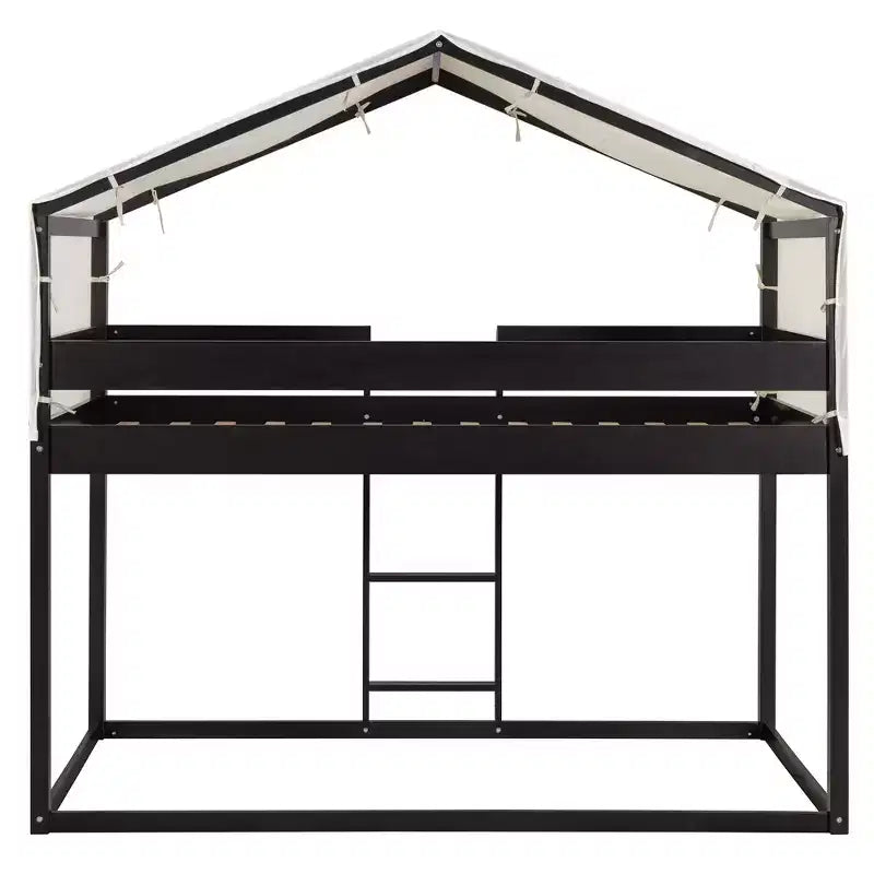 Rustic Twin Over Twin Wood Bunk Bed Frame with Tent and Ladder