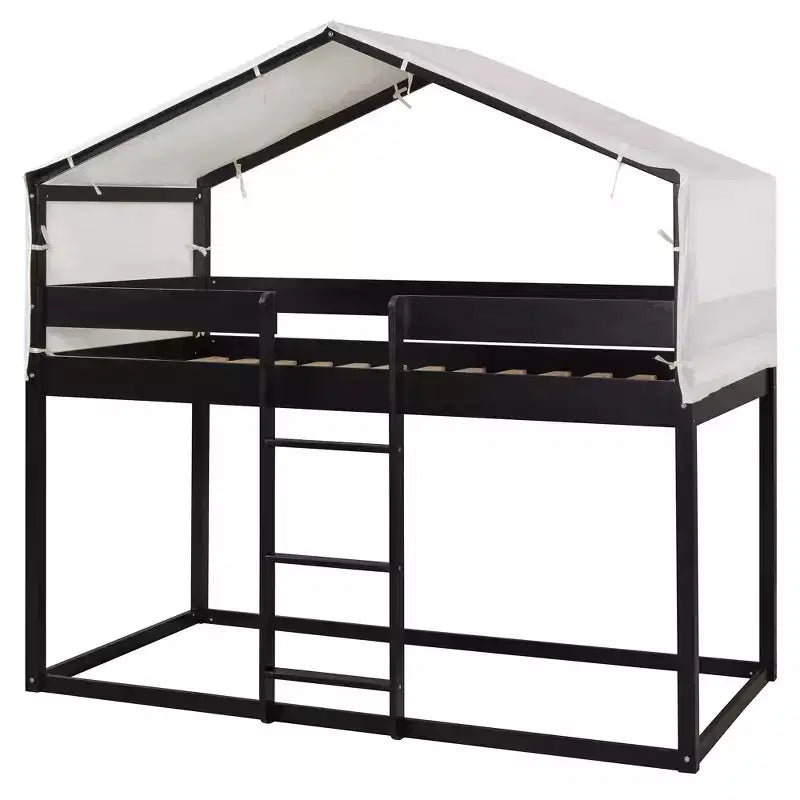 Rustic Twin Over Twin Wood Bunk Bed Frame with Tent and Ladder