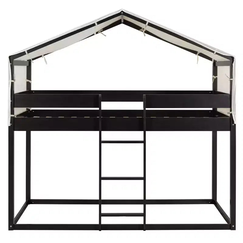 Rustic Twin Over Twin Wood Bunk Bed Frame with Tent and Ladder
