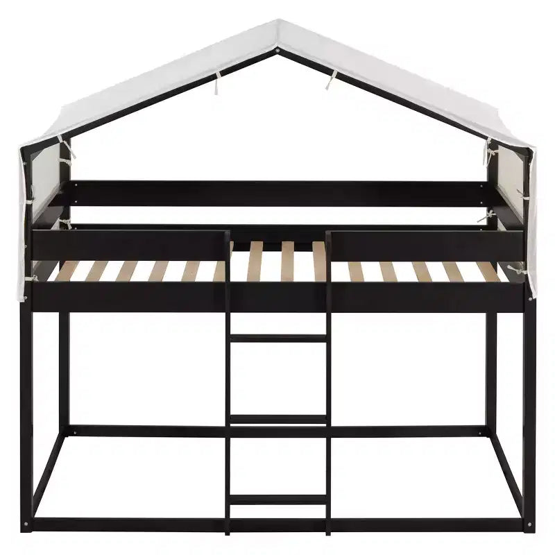 Rustic Twin Over Twin Wood Bunk Bed Frame with Tent and Ladder