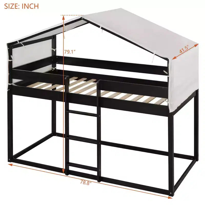 Rustic Twin Over Twin Wood Bunk Bed Frame with Tent and Ladder
