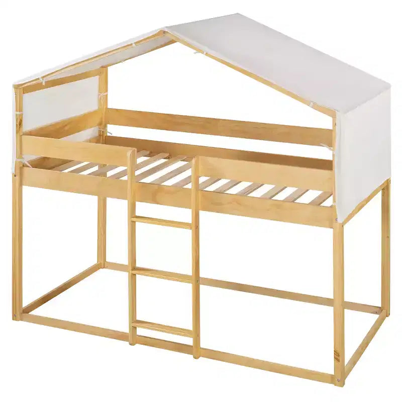 Rustic Twin Over Twin Wood Bunk Bed Frame with Tent and Ladder