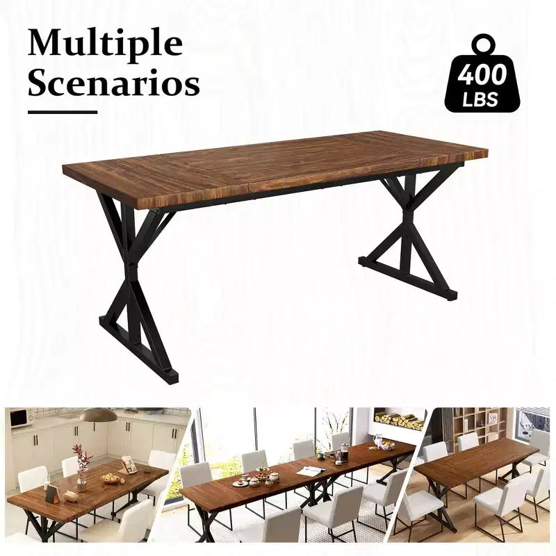 70.8 Inch Industrial Dining Table for 6-8 C Solid Wood Top with Metal Frame, Rectangular Kitchen & Dining Room Table