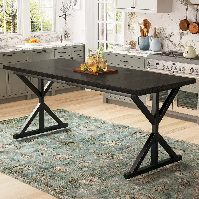 Dyonery 70.8 Inch Industrial Dining Table for 6-8 C Solid Wood Top with Metal Frame, Rectangular Kitchen & Dining Room Table