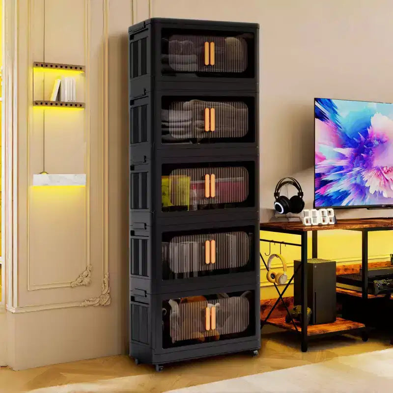 24 Side Wide 5 Tiers Plastic Folding Storage Cabinet with Magnetic Door Wheels for Living Room Black