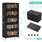 24 Side Wide 5 Tiers Plastic Folding Storage Cabinet with Magnetic Door Wheels for Living Room Black