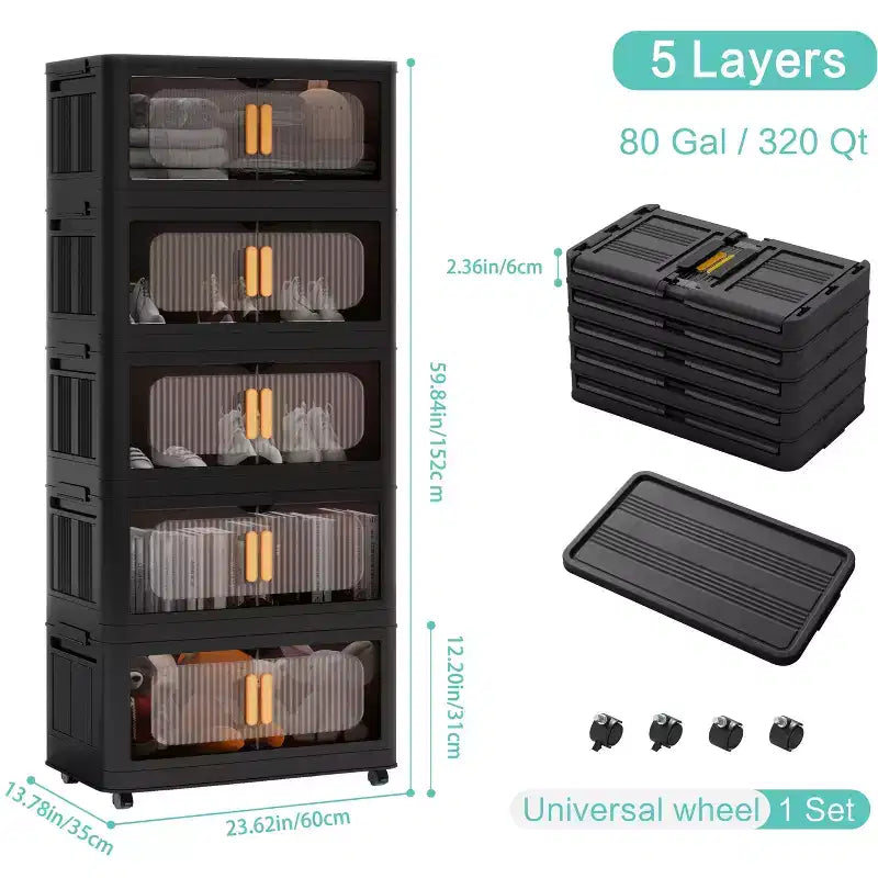 24 Side Wide 5 Tiers Plastic Folding Storage Cabinet with Magnetic Door Wheels for Living Room Black