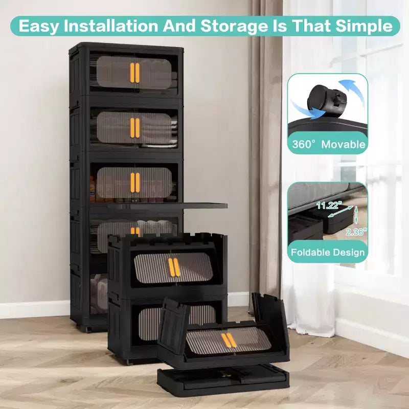 24 Side Wide 5 Tiers Plastic Folding Storage Cabinet with Magnetic Door Wheels for Living Room Black