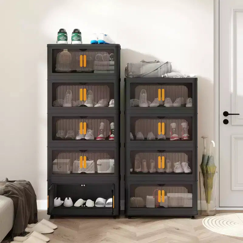 24 Side Wide 5 Tiers Plastic Folding Storage Cabinet with Magnetic Door Wheels for Living Room Black
