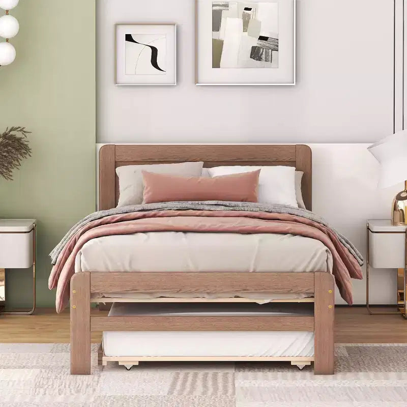 Twin Modern Platform Bed Frame with Trundle & 2 Storage Drawers Sturdy Wooden Platform Bed Noiseless No Springs Required Easy to Assemble