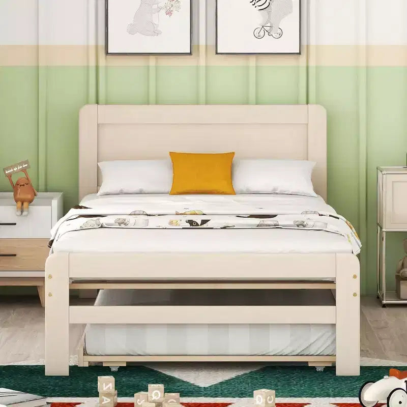 Twin Modern Platform Bed Frame with Trundle & 2 Storage Drawers Sturdy Wooden Platform Bed Noiseless No Springs Required Easy to Assemble