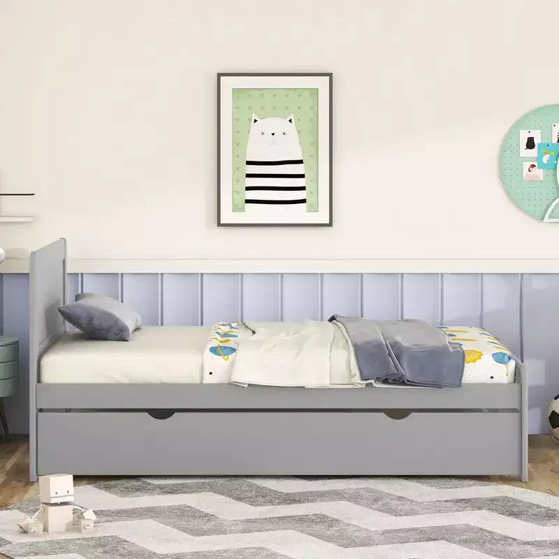 Twin Modern Platform Bed Frame with Trundle & 2 Storage Drawers Sturdy Wooden Platform Bed Noiseless No Springs Required Easy to Assemble