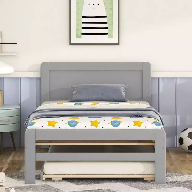 Twin Modern Platform Bed Frame with Trundle & 2 Storage Drawers Sturdy Wooden Platform Bed Noiseless No Springs Required Easy to Assemble