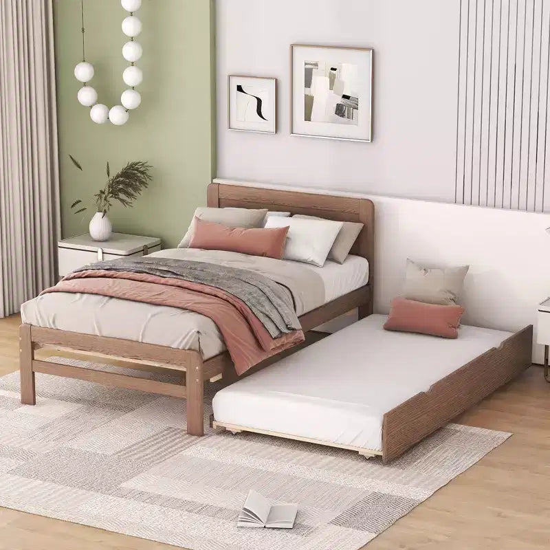 Twin Modern Platform Bed Frame with Trundle & 2 Storage Drawers Sturdy Wooden Platform Bed Noiseless No Springs Required Easy to Assemble