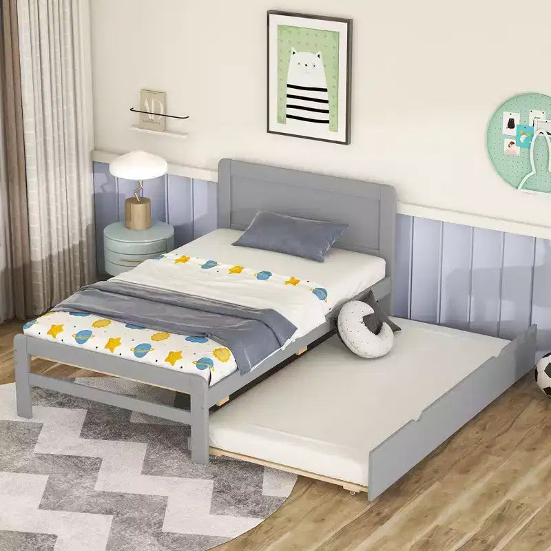 Twin Modern Platform Bed Frame with Trundle & 2 Storage Drawers Sturdy Wooden Platform Bed Noiseless No Springs Required Easy to Assemble