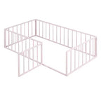 Modern Floor Bed Frame with Safety Fence and Door, Metal Children's Floor Bed Frame for Kids Girls Boys Easy to Assemble