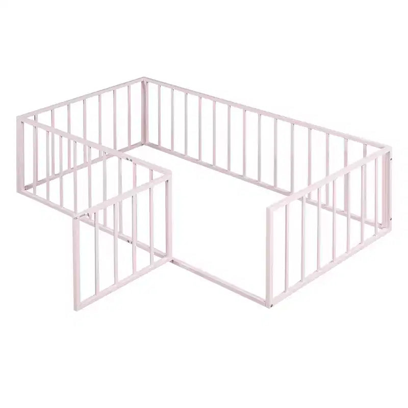 Modern Floor Bed Frame with Safety Fence and Door, Metal Children's Floor Bed Frame for Kids Girls Boys Easy to Assemble