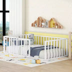Modern Floor Bed Frame with Safety Fence and Door, Metal Children's Floor Bed Frame for Kids Girls Boys Easy to Assemble