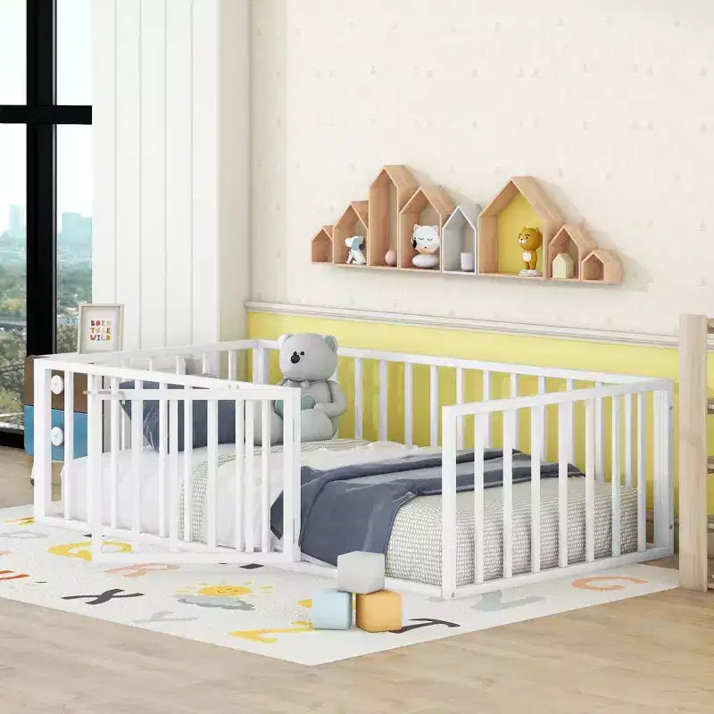 Modern Floor Bed Frame with Safety Fence and Door, Metal Children's Floor Bed Frame for Kids Girls Boys Easy to Assemble