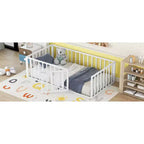 Modern Floor Bed Frame with Safety Fence and Door, Metal Children's Floor Bed Frame for Kids Girls Boys Easy to Assemble