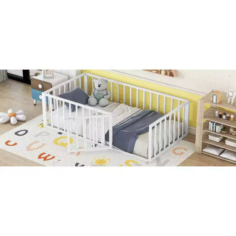 Modern Floor Bed Frame with Safety Fence and Door, Metal Children's Floor Bed Frame for Kids Girls Boys Easy to Assemble