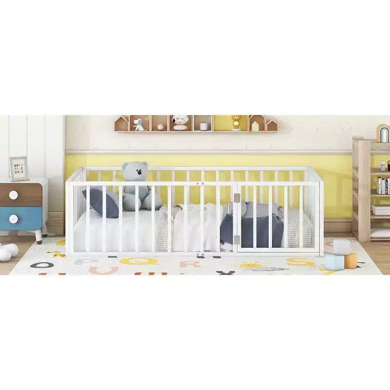 Modern Floor Bed Frame with Safety Fence and Door, Metal Children's Floor Bed Frame for Kids Girls Boys Easy to Assemble