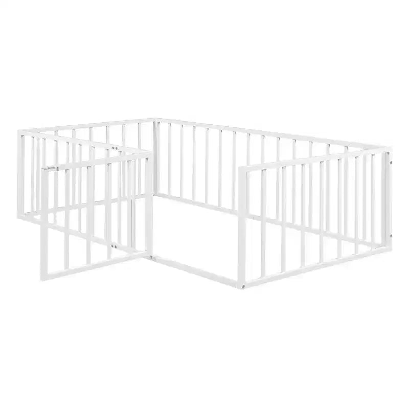Modern Floor Bed Frame with Safety Fence and Door, Metal Children's Floor Bed Frame for Kids Girls Boys Easy to Assemble