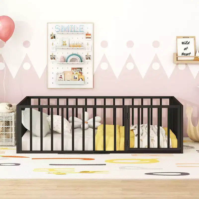 Modern Floor Bed Frame with Safety Fence and Door, Metal Children's Floor Bed Frame for Kids Girls Boys Easy to Assemble