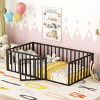 Modern Floor Bed Frame with Safety Fence and Door, Metal Children's Floor Bed Frame for Kids Girls Boys Easy to Assemble