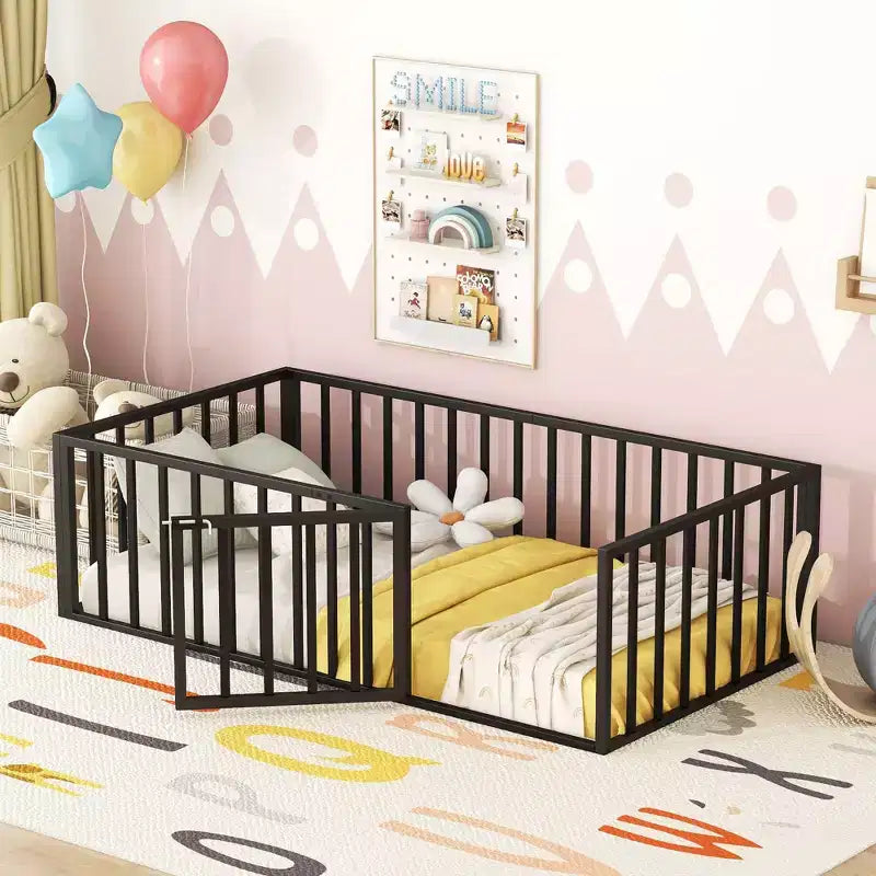 Modern Floor Bed Frame with Safety Fence and Door, Metal Children's Floor Bed Frame for Kids Girls Boys Easy to Assemble