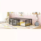 Modern Floor Bed Frame with Safety Fence and Door, Metal Children's Floor Bed Frame for Kids Girls Boys Easy to Assemble