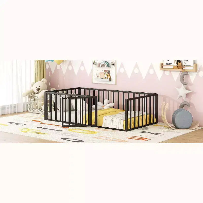 Modern Floor Bed Frame with Safety Fence and Door, Metal Children's Floor Bed Frame for Kids Girls Boys Easy to Assemble