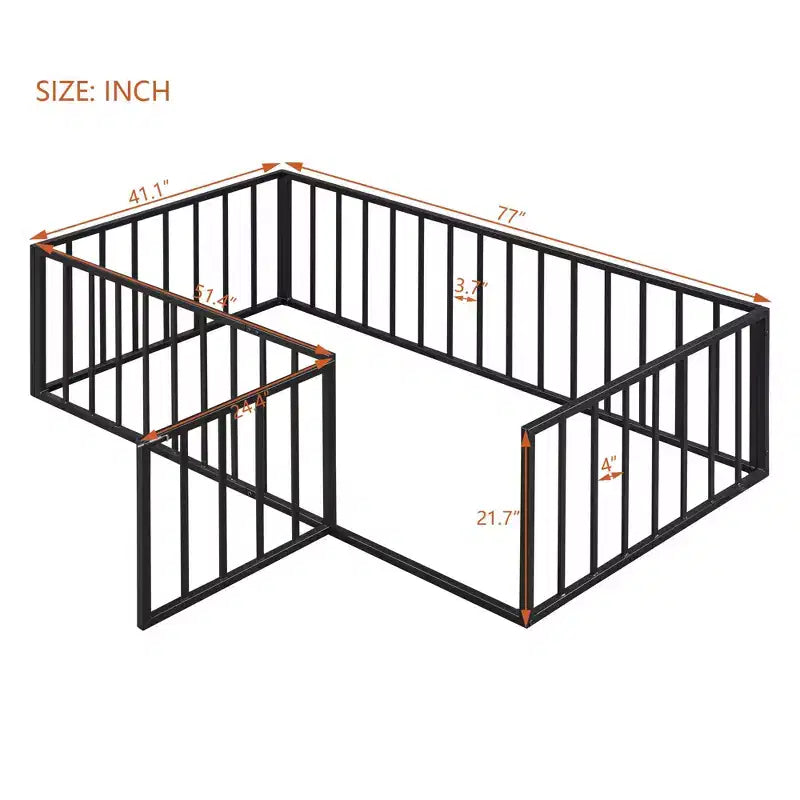 Modern Floor Bed Frame with Safety Fence and Door, Metal Children's Floor Bed Frame for Kids Girls Boys Easy to Assemble