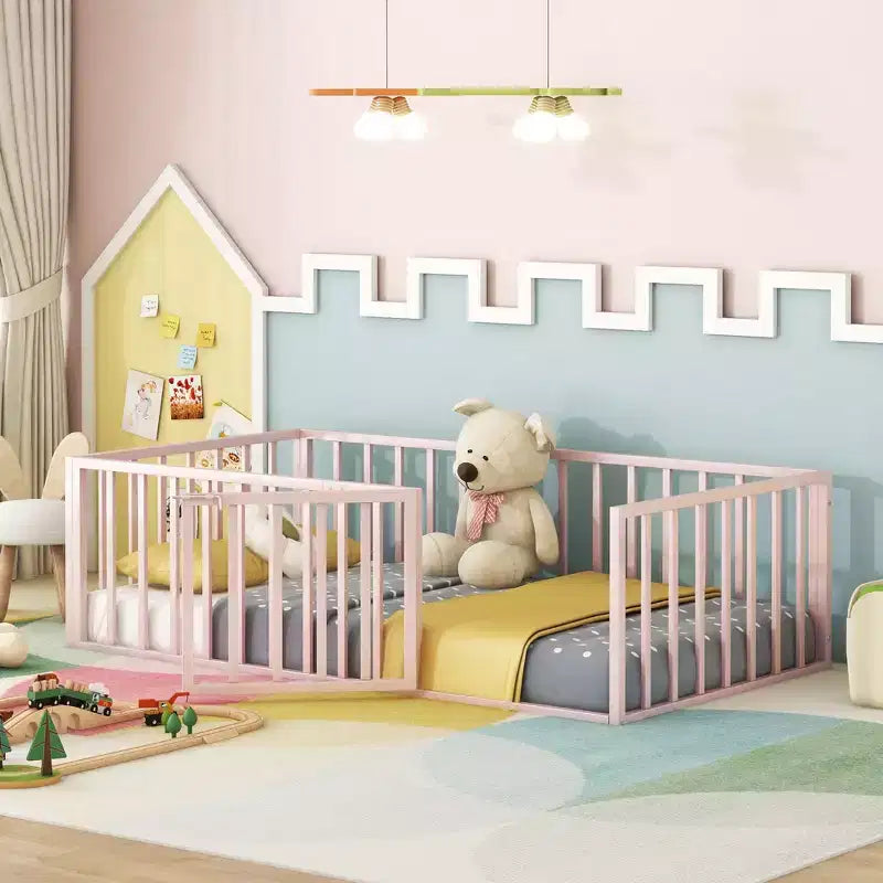 Modern Floor Bed Frame with Safety Fence and Door, Metal Children's Floor Bed Frame for Kids Girls Boys Easy to Assemble