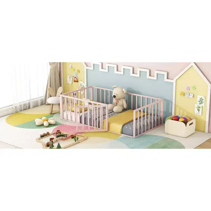 Modern Floor Bed Frame with Safety Fence and Door, Metal Children's Floor Bed Frame for Kids Girls Boys Easy to Assemble