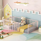 Modern Floor Bed Frame with Safety Fence and Door, Metal Children's Floor Bed Frame for Kids Girls Boys Easy to Assemble