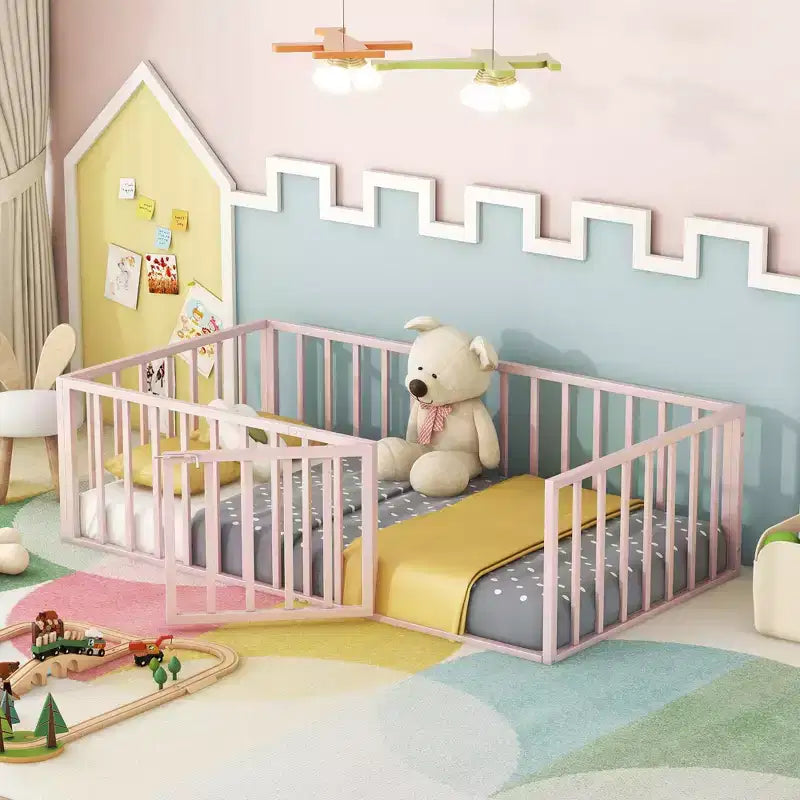 Modern Floor Bed Frame with Safety Fence and Door, Metal Children's Floor Bed Frame for Kids Girls Boys Easy to Assemble