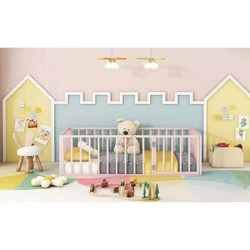 Modern Floor Bed Frame with Safety Fence and Door, Metal Children's Floor Bed Frame for Kids Girls Boys Easy to Assemble