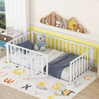 Modern Floor Bed Frame with Safety Fence and Door, Metal Children's Floor Bed Frame for Kids Girls Boys Easy to Assemble